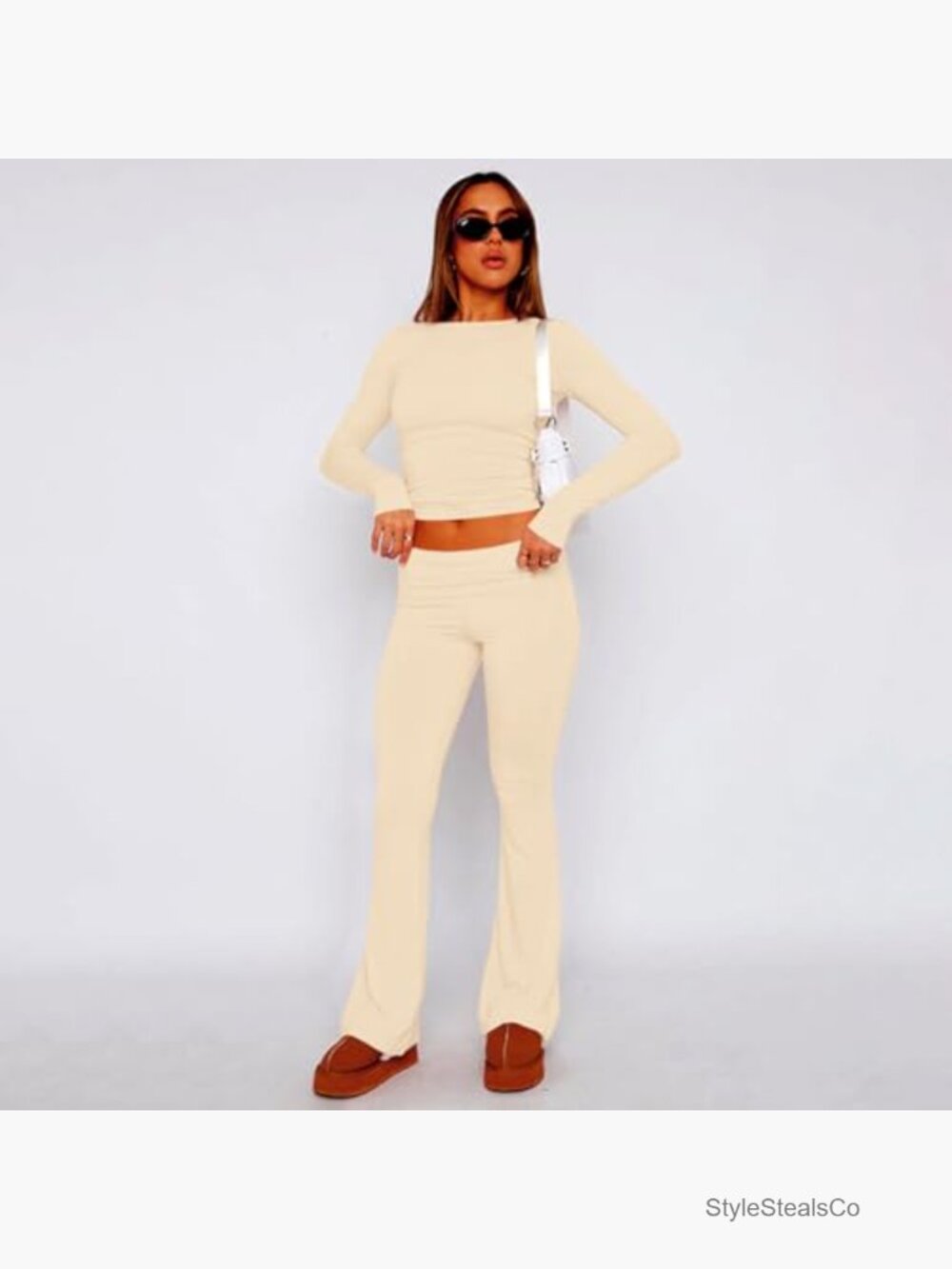 2 Piece Lounge Outfits Slim Long Sleeve Top High Waist Foldover Flare Leggings - Picture 2 of 7